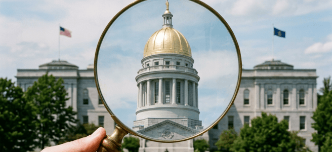 Hand holding magnifying glass focused on a golden-domed state capitol