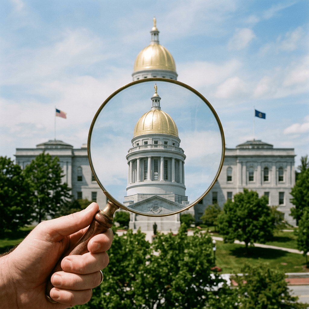 Hand holding magnifying glass focused on a golden-domed state capitol