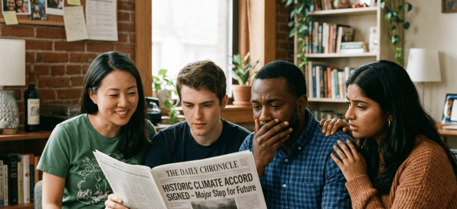 Four friends read a newspaper titled The Daily Chronicle with headlines about a historic climate accord and regional conflict; wall note says, "Our reactions to news don’t have to match our political beliefs. We can be happy and still care when bad things happen."
