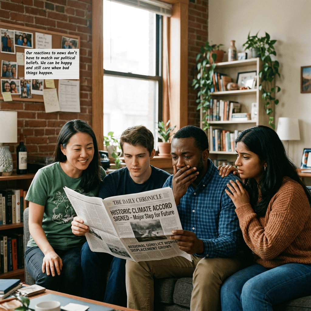 Four friends read a newspaper titled The Daily Chronicle with headlines about a historic climate accord and regional conflict; wall note says, "Our reactions to news don’t have to match our political beliefs. We can be happy and still care when bad things happen."